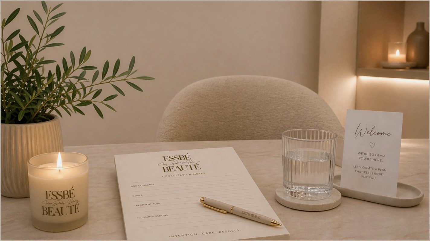 Consultation notes, a candle and a welcome card on the consultation table at Essbé Beauté, Westmount, Montréal