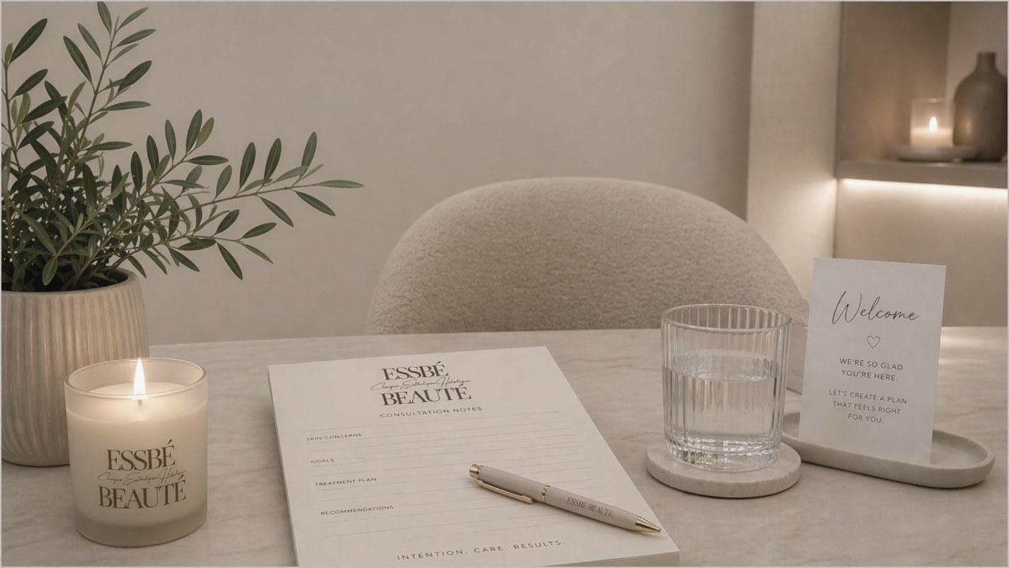 Consultation notes, a candle and a welcome card on the consultation table at Essbé Beauté, Westmount, Montréal