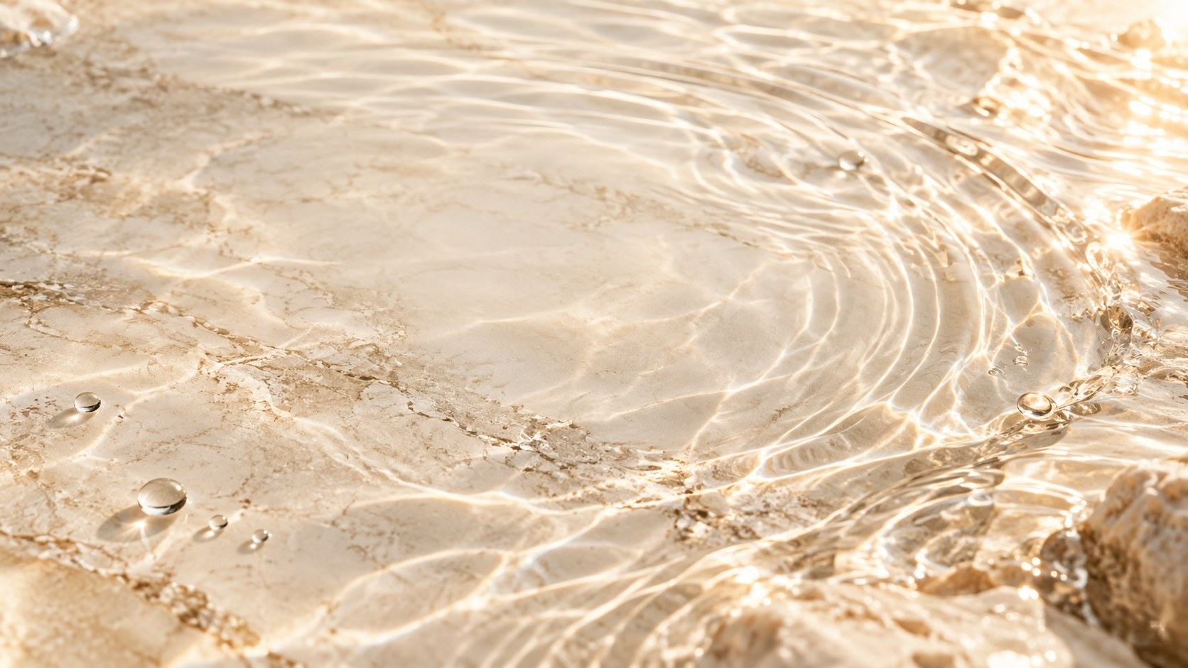 Clear water rippling over warm marble, the Refine Series at Essbé Beauté